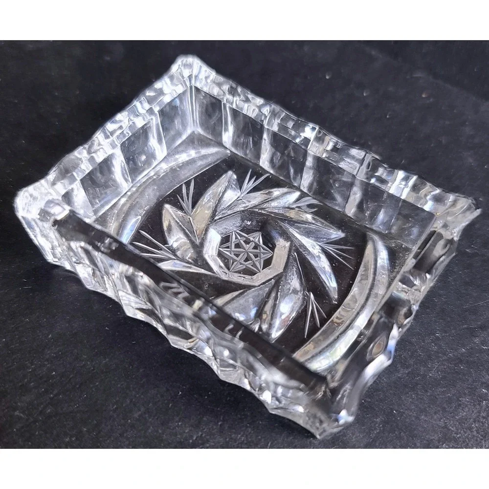 Mini Rectangular Ashtray Vintage Cut Crystal Trinket Dish Pinwheel Star Catchall